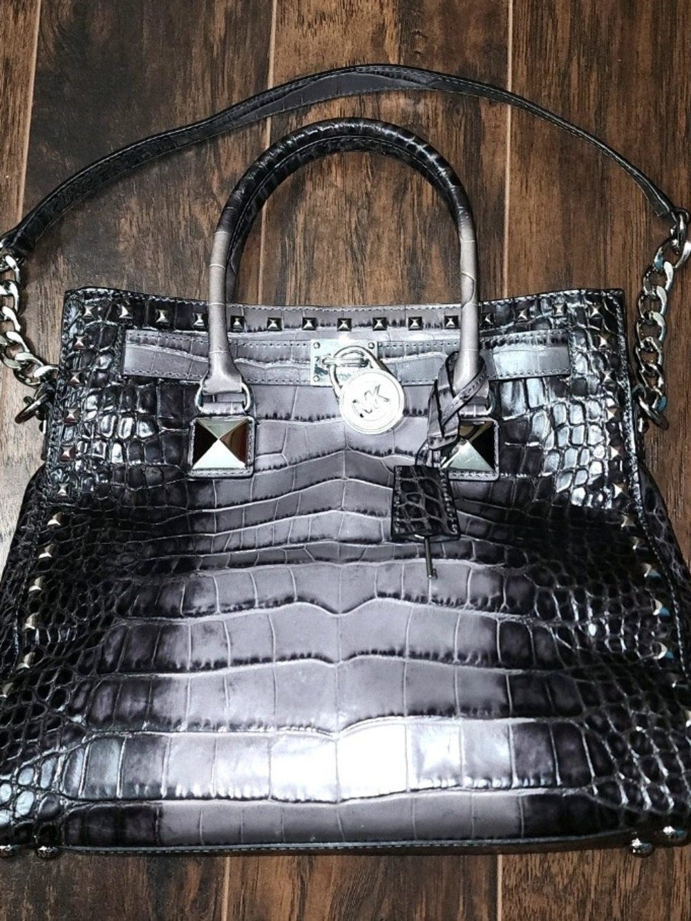 Michael Kors Smoky Black Croc-Embossed Leather Tote with Silver Hardware